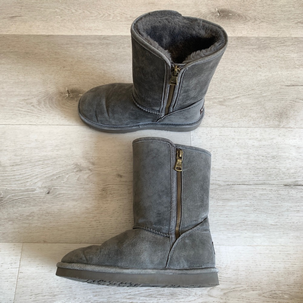 Lamo Women Grey Suede Side Zip Mid Calf Faux Fur‎ Lined Winter Boots DFL50000316
